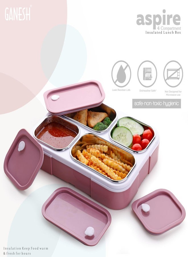 Ganesh Aspire 4 Compartment Stainless Steel Lunch Box Sealed Leakage Proof Lunch Box for Office School etc 500ml-Peach - Image 2